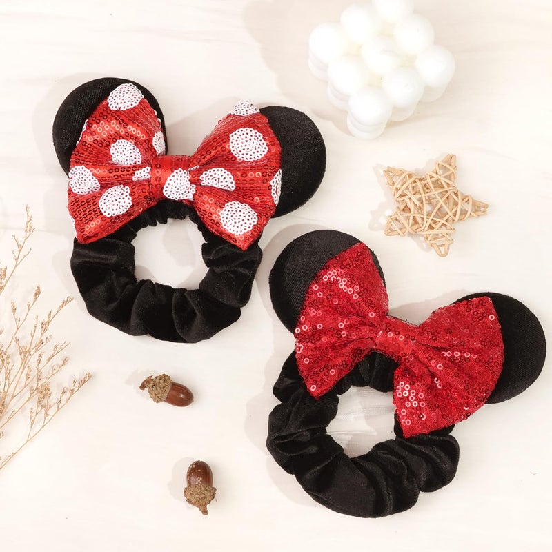 CellElection 4 Pack Mouse Ears Scrunchies Sequin Mouse Bows Velvet Hair Scrunchies Hair Ties Elastic Rubber Bands Ponytail Holders for Kids Women Girls - Image 3